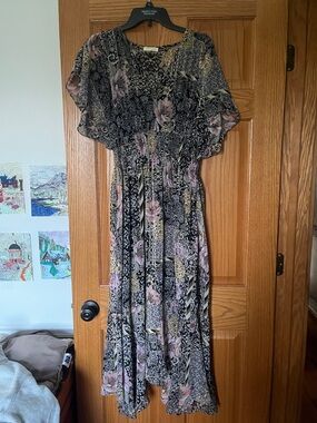 lovestitch Black Floral Patchwork Maxi Dress with Pink Accents
